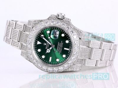 Swiss Replica Rolex Iced Out Watch Submariner Green Dial For Sale